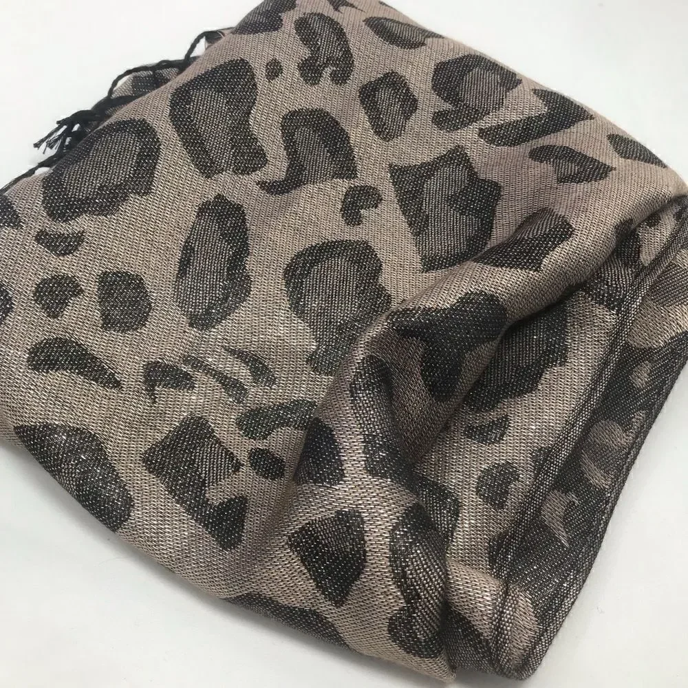 West Loop Black Taupe Metallic Leopard Print Jacquard Fringe Scarf NEW